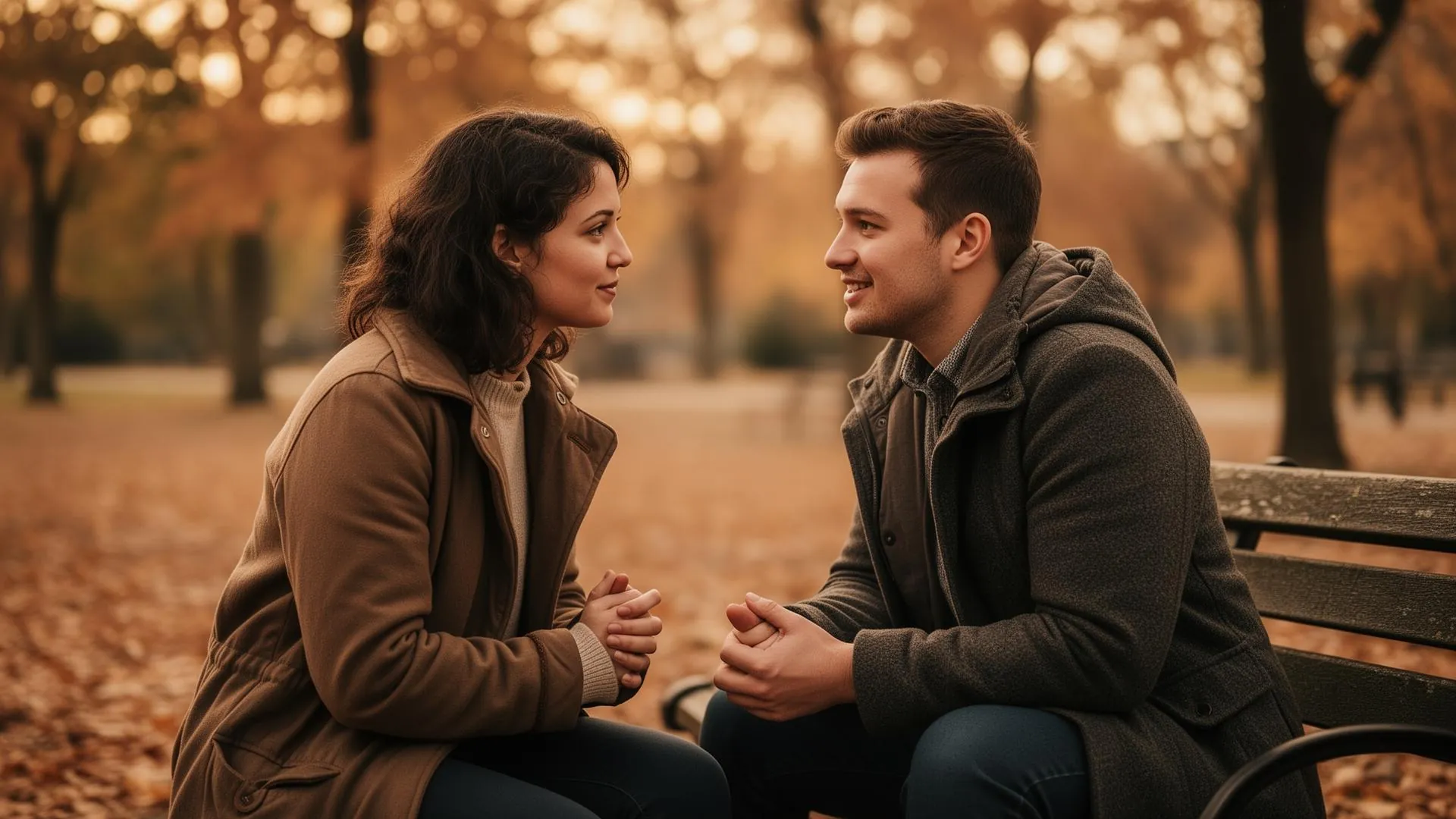Two friends having a deep conversation on a park bench in autumn