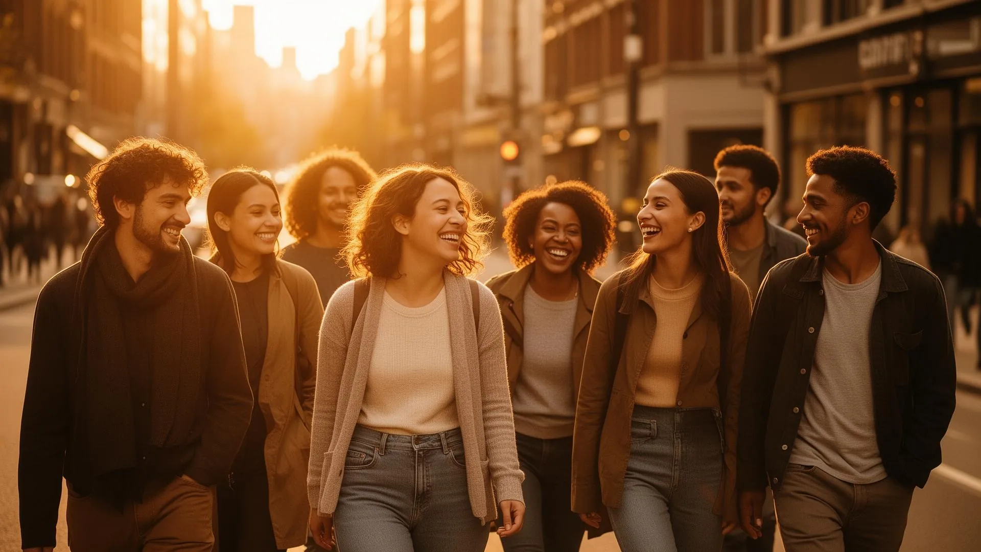 Group of friends walking together on a sunlit city street