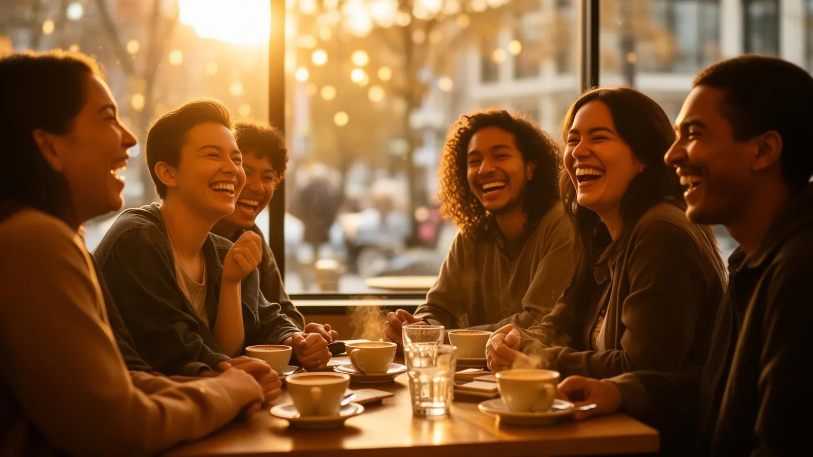 Group of people laughing together in warm golden light